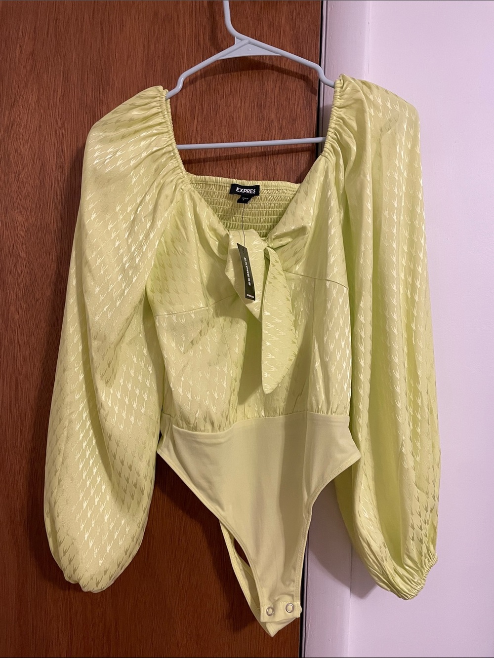 Express Lime Green Puff Sleeve Tie-Front Bodysuit